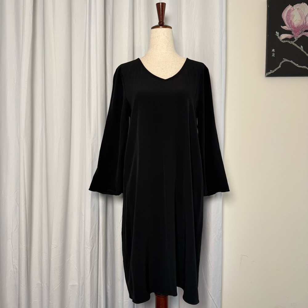 Eileen Fisher Black Tencel Relaxed Fit Midi Shift Dress Minimalist Womens XS - Picture 1 of 11